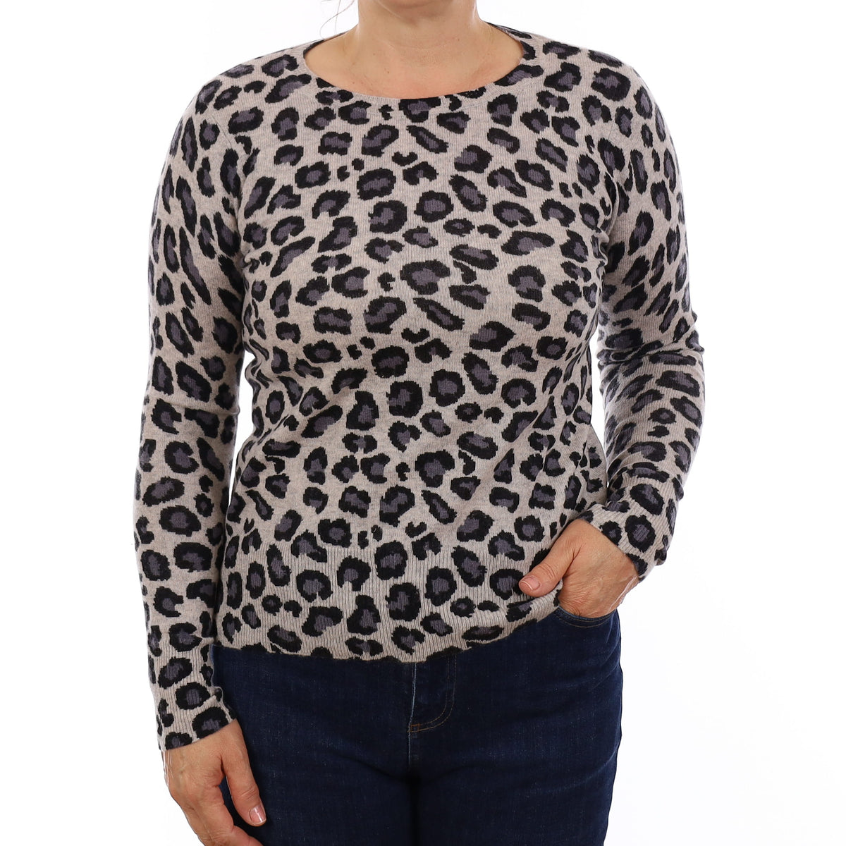 Grey Leopard Print Cashmere Crew Neck Jumper Medium