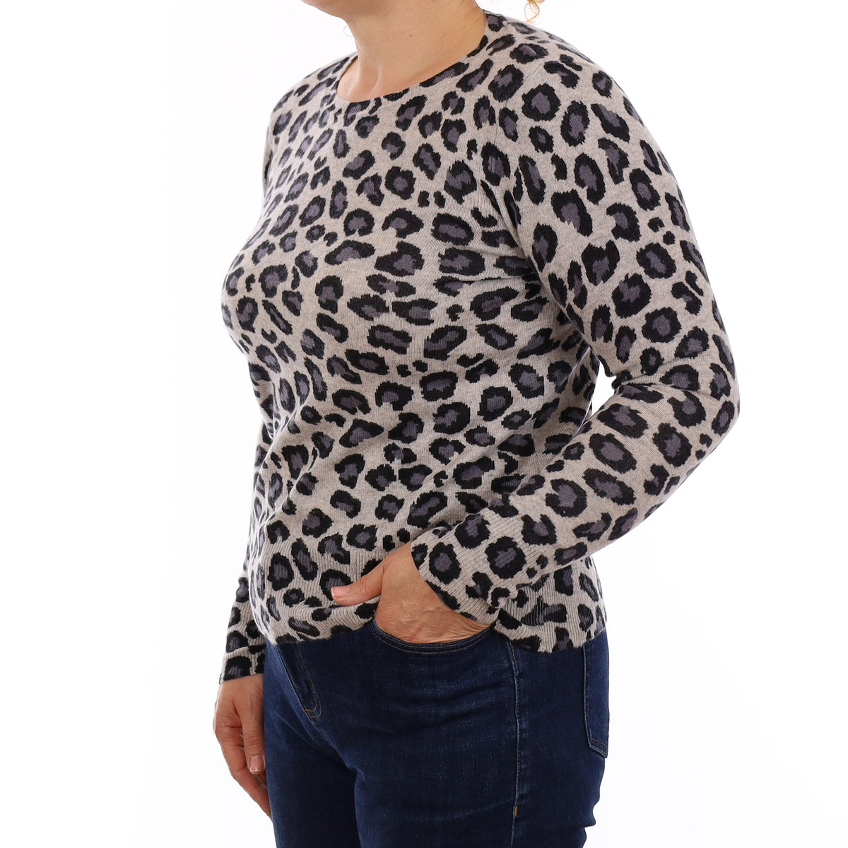 Grey Leopard Print Cashmere Crew Neck Jumper Medium