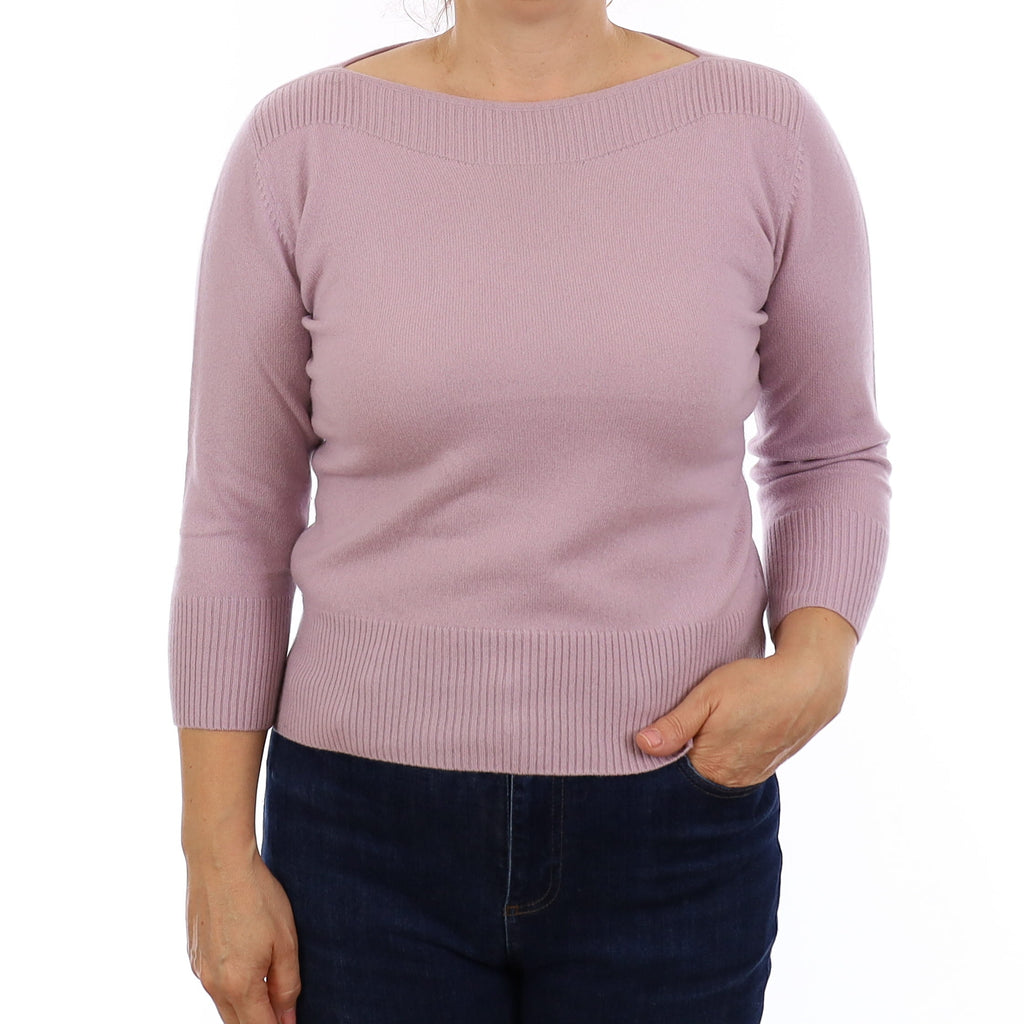 Pale Purple 3/4 Sleeve Cashmere Slash Neck Jumper Medium