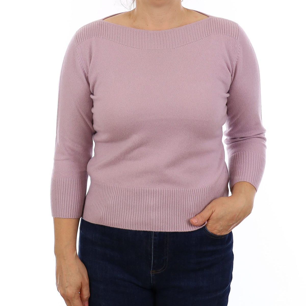 Pale Purple 3/4 Sleeve Cashmere Slash Neck Jumper Medium