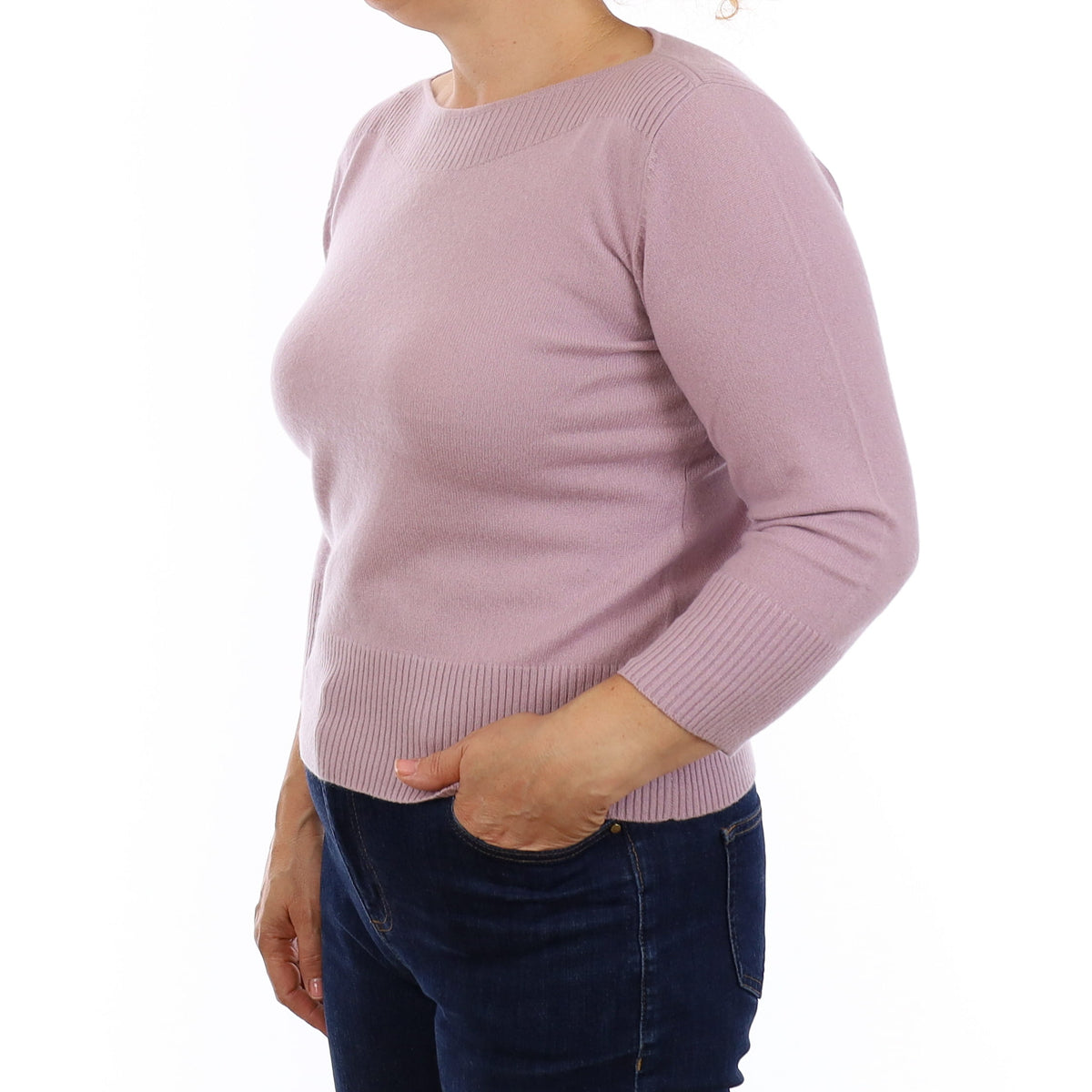 Pale Purple 3/4 Sleeve Cashmere Slash Neck Jumper Medium