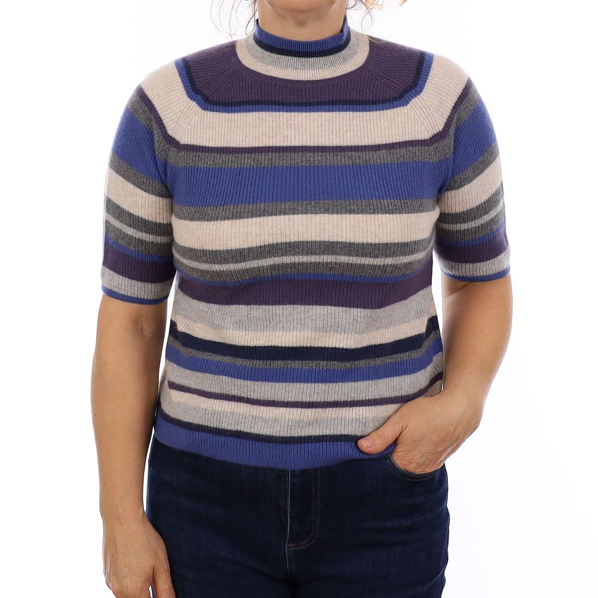 Blue and Grey Stripe Cashmere Short Sleeve Turtle Neck Jumper Medium