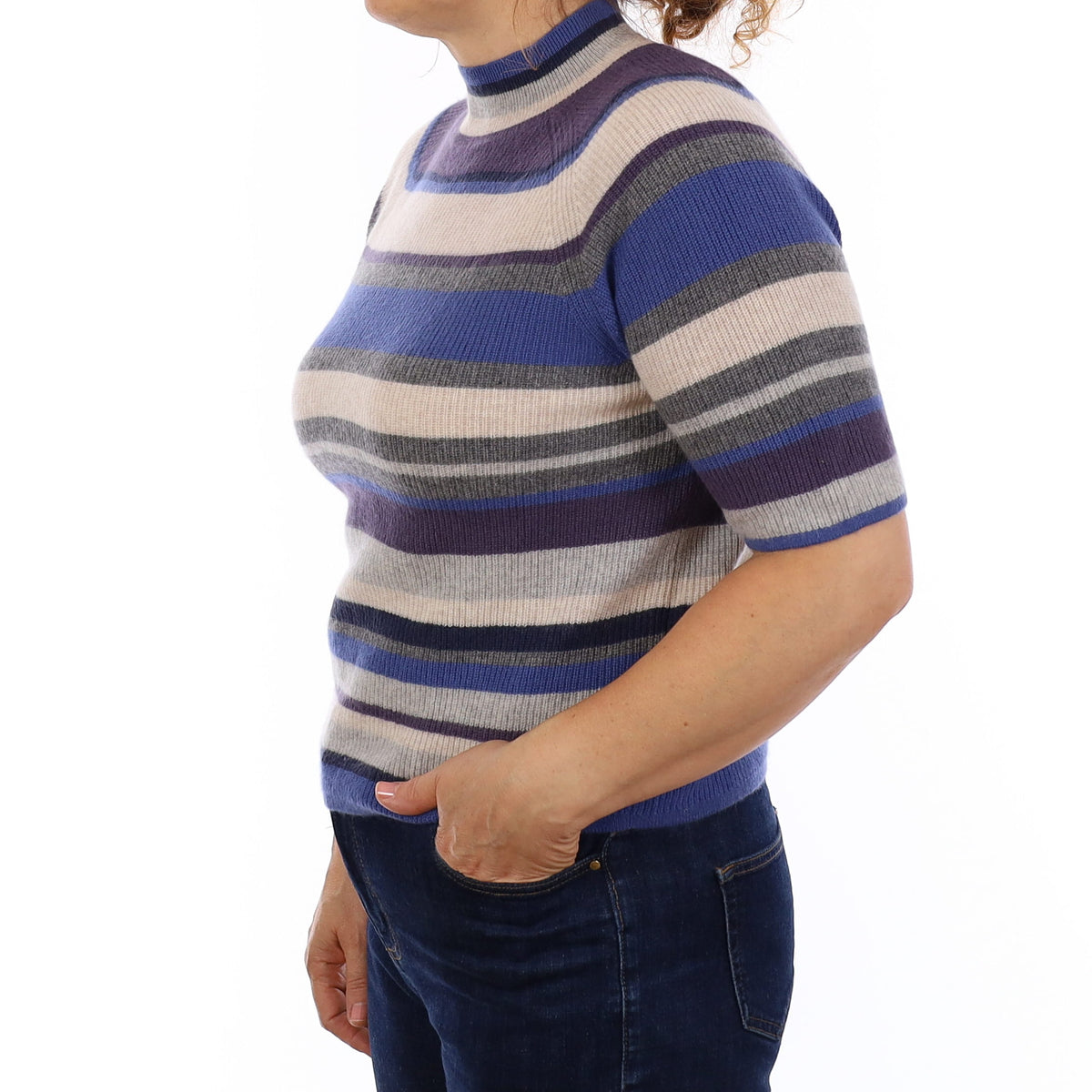 Blue and Grey Stripe Cashmere Short Sleeve Turtle Neck Jumper Medium