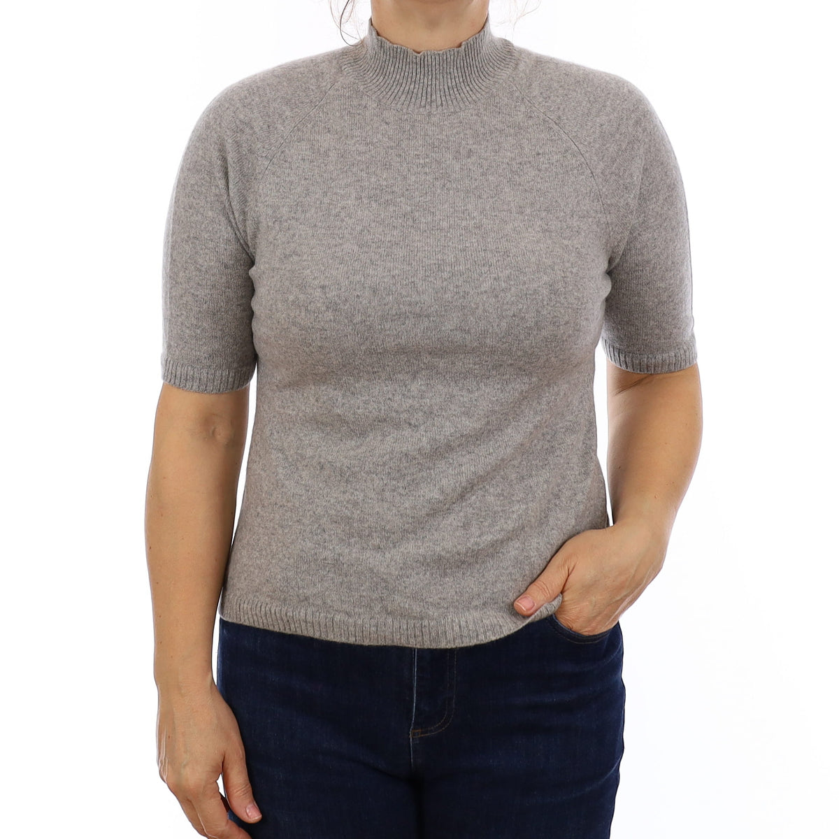 Smoke Grey Cashmere Short Sleeve Turtle Neck Jumper Medium