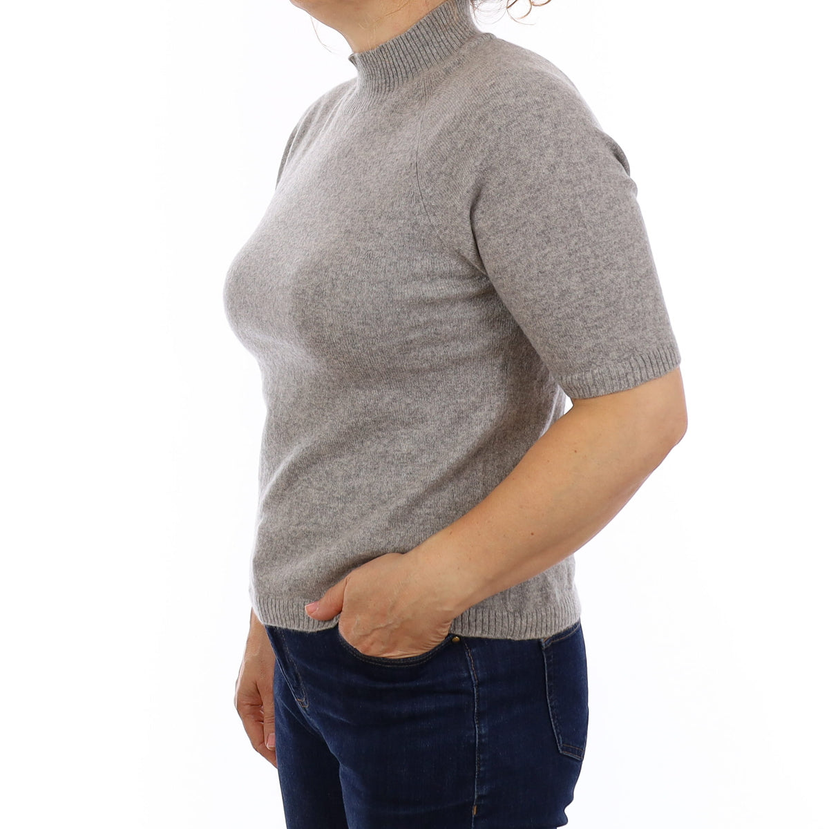 Smoke Grey Cashmere Short Sleeve Turtle Neck Jumper Medium