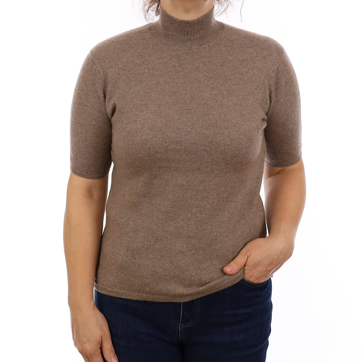 Taupe Brown Cashmere Short Sleeve Turtle Neck Jumper Medium