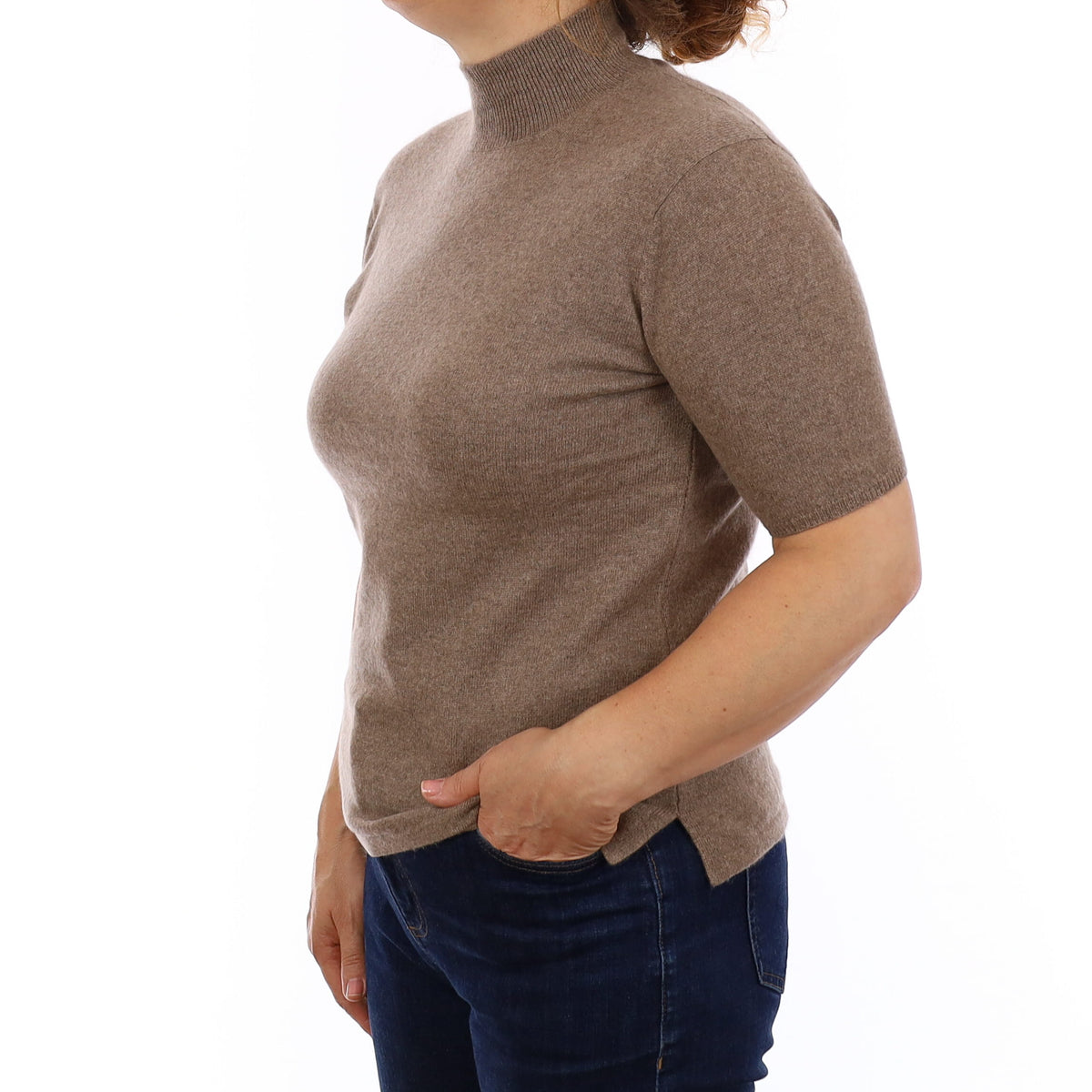 Taupe Brown Cashmere Short Sleeve Turtle Neck Jumper Medium