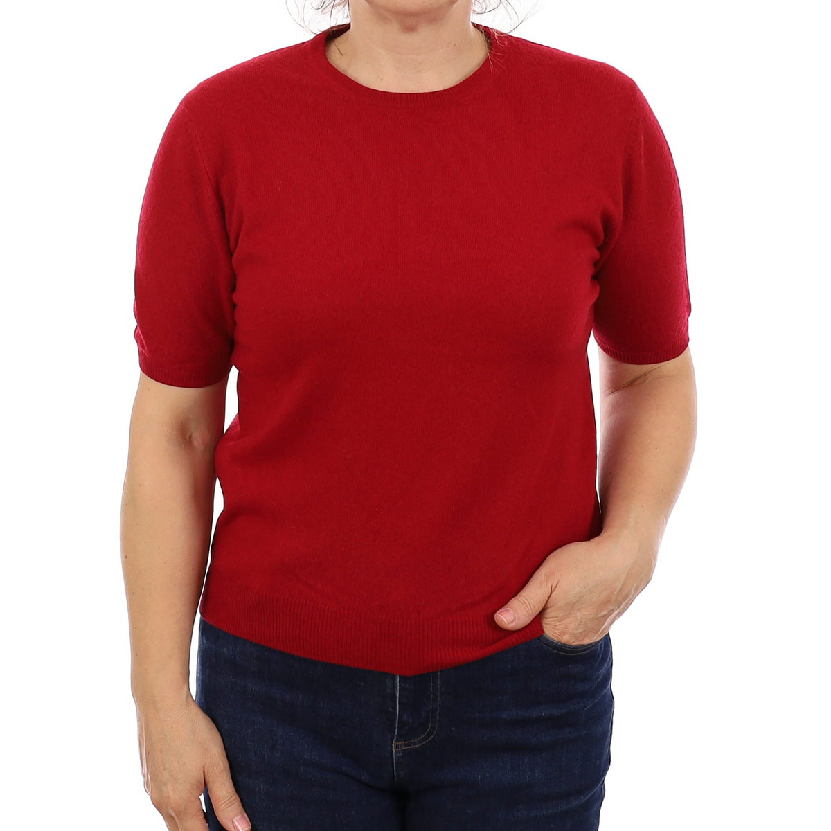 Scottish Crimson Red Cashmere Short Sleeve Crew Neck Jumper Medium