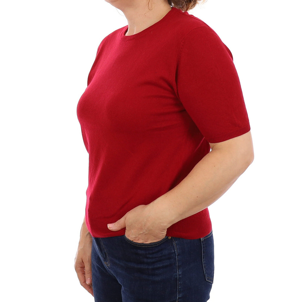 Scottish Crimson Red Cashmere Short Sleeve Crew Neck Jumper Medium