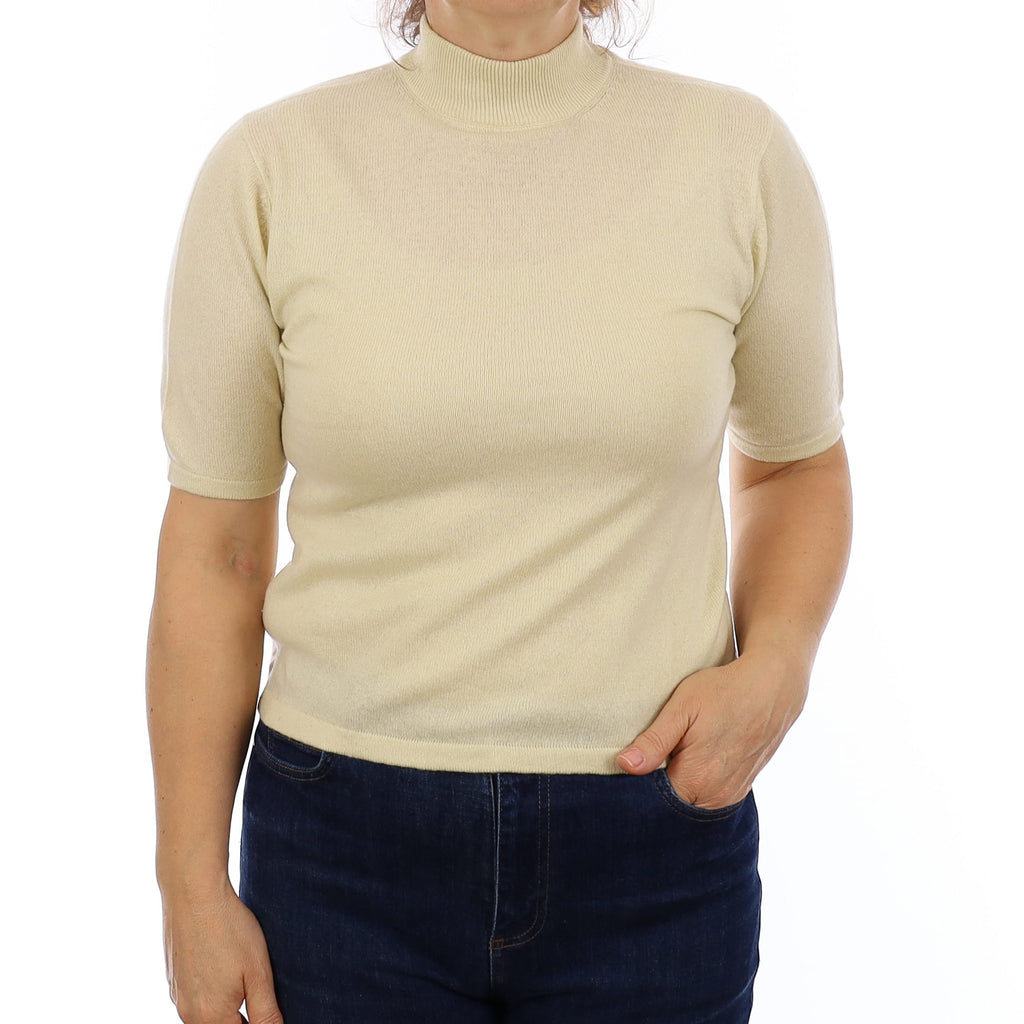 Buttermilk Yellow Cashmere Short Sleeve Turtleneck Jumper Medium