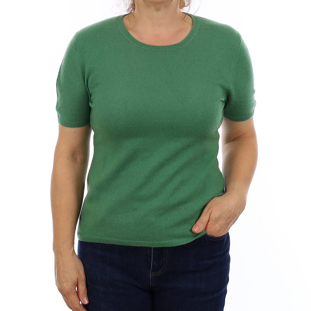 Jade Green Cashmere Short Sleeve Crew Neck Jumper Medium