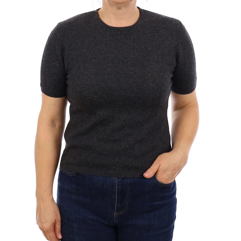 Charcoal Grey Cashmere Short Sleeve Crew Neck Jumper Medium