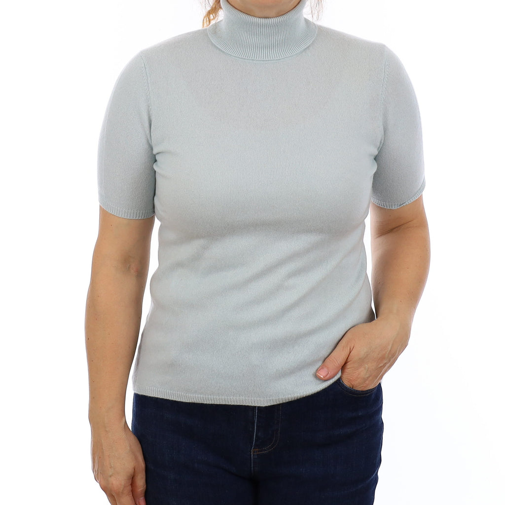 Opal Blue Cashmere Short Sleeve Polo Jumper Medium