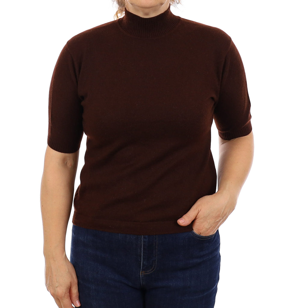 Chocolate Brown Cashmere Short Sleeve Turtleneck Jumper Medium