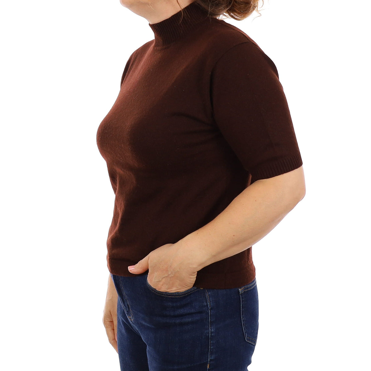 Chocolate Brown Cashmere Short Sleeve Turtleneck Jumper Medium