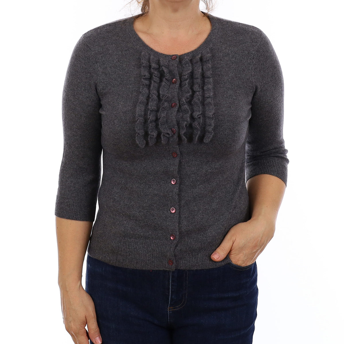 Slate Grey Cashmere Ruffle Crew Neck Cardigan Medium