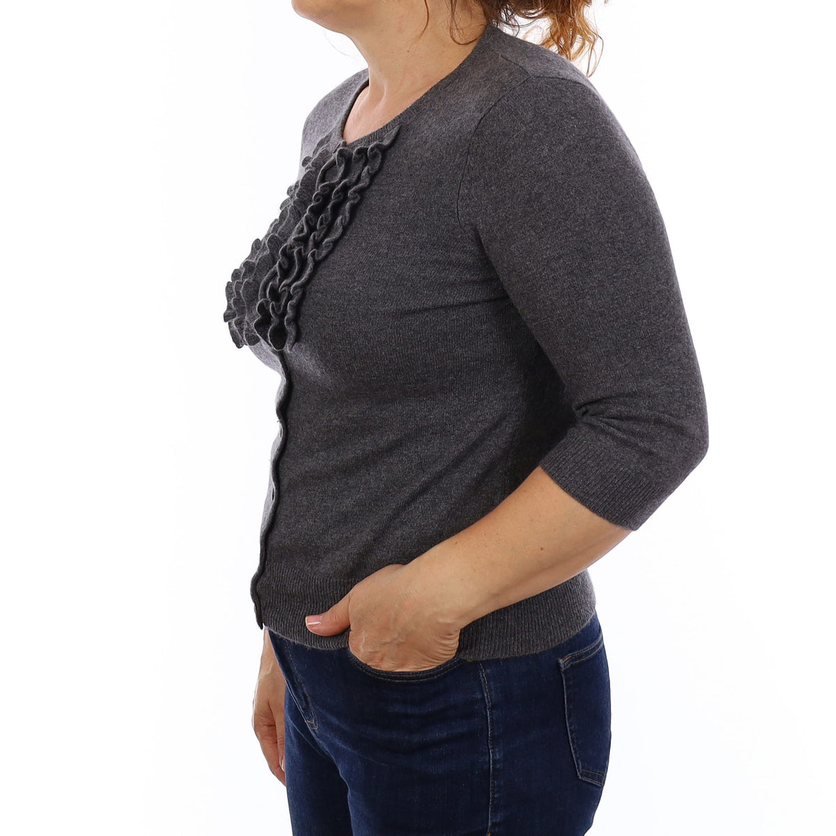 Slate Grey Cashmere Ruffle Crew Neck Cardigan Medium