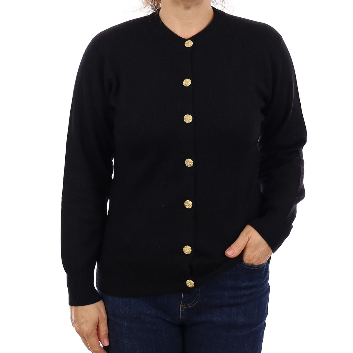Johnston’s of Elgin Black Cashmere Crew Neck Cardigan Medium