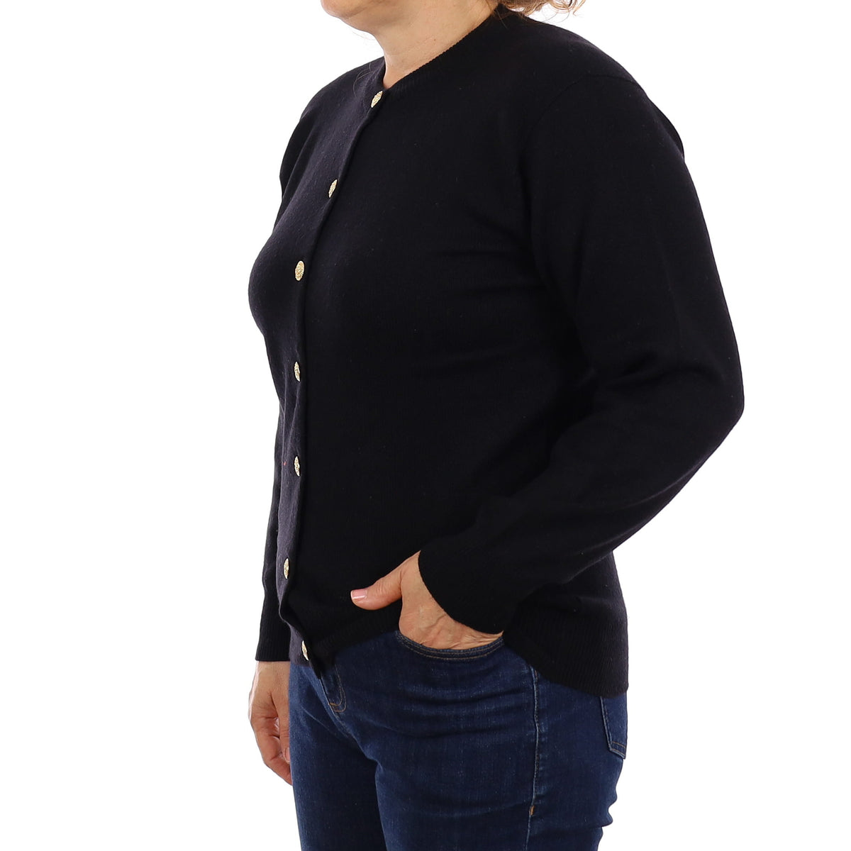 Johnston’s of Elgin Black Cashmere Crew Neck Cardigan Medium