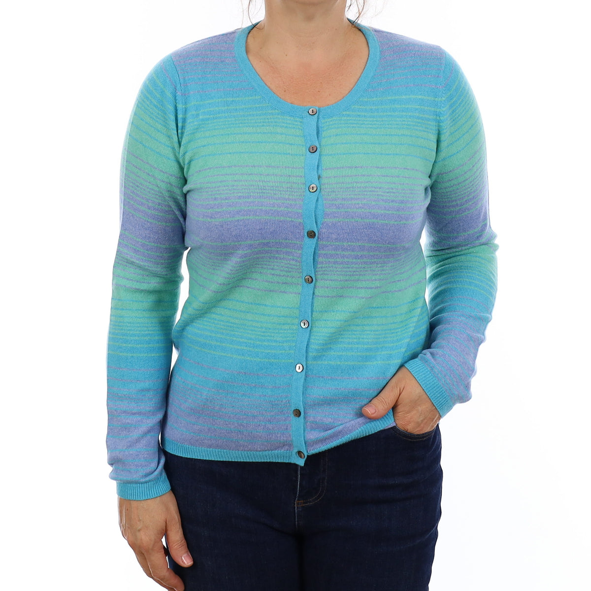 Aqua Blue Stripe Cashmere Crew Neck Cardigan Medium