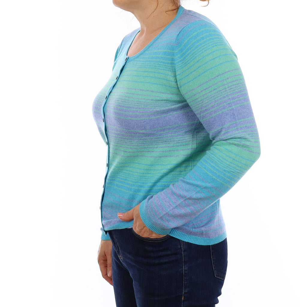 Aqua Blue Stripe Cashmere Crew Neck Cardigan Medium