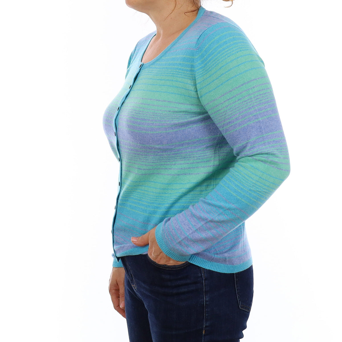 Aqua Blue Stripe Cashmere Crew Neck Cardigan Medium