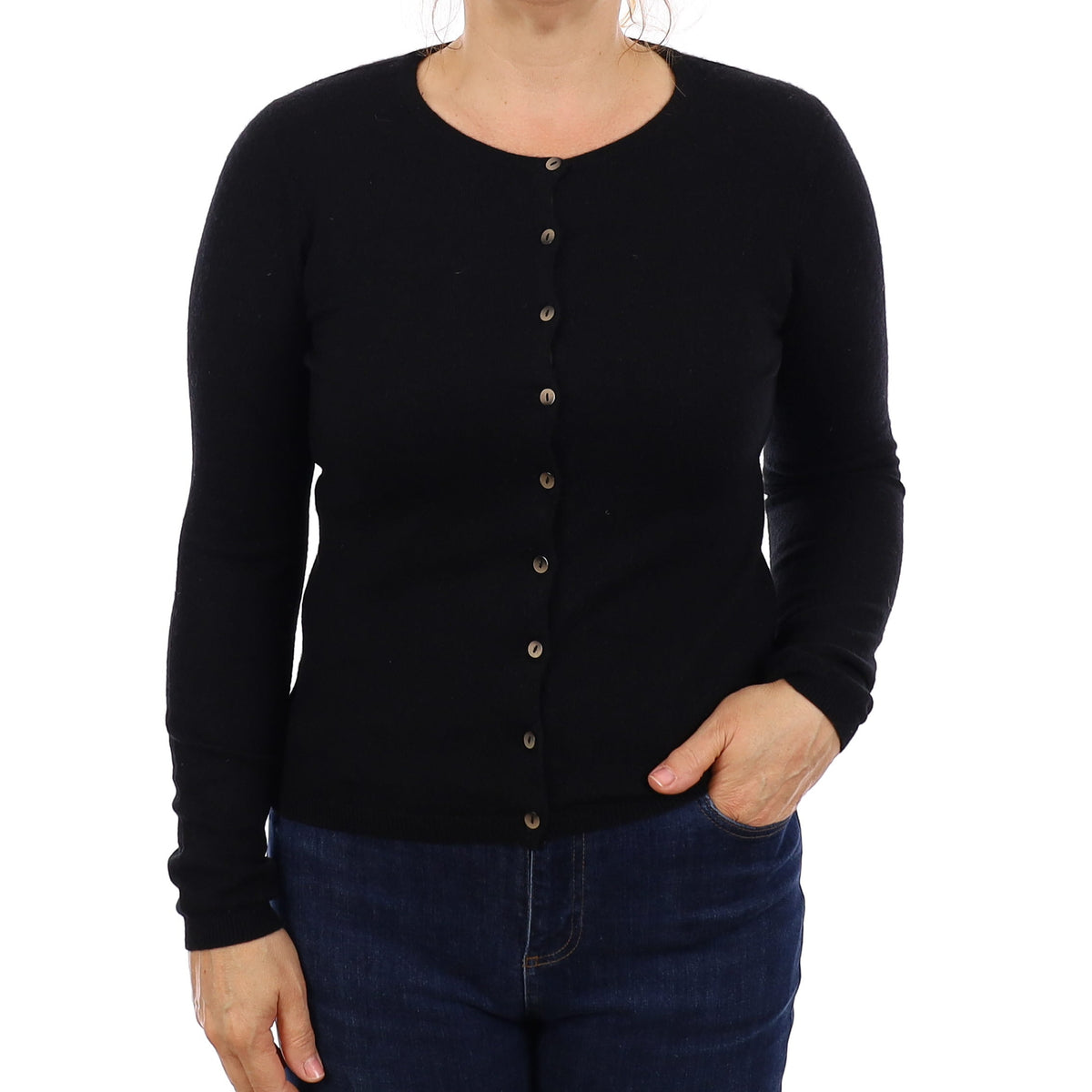 Black Cashmere Crew Neck Cardigan Medium