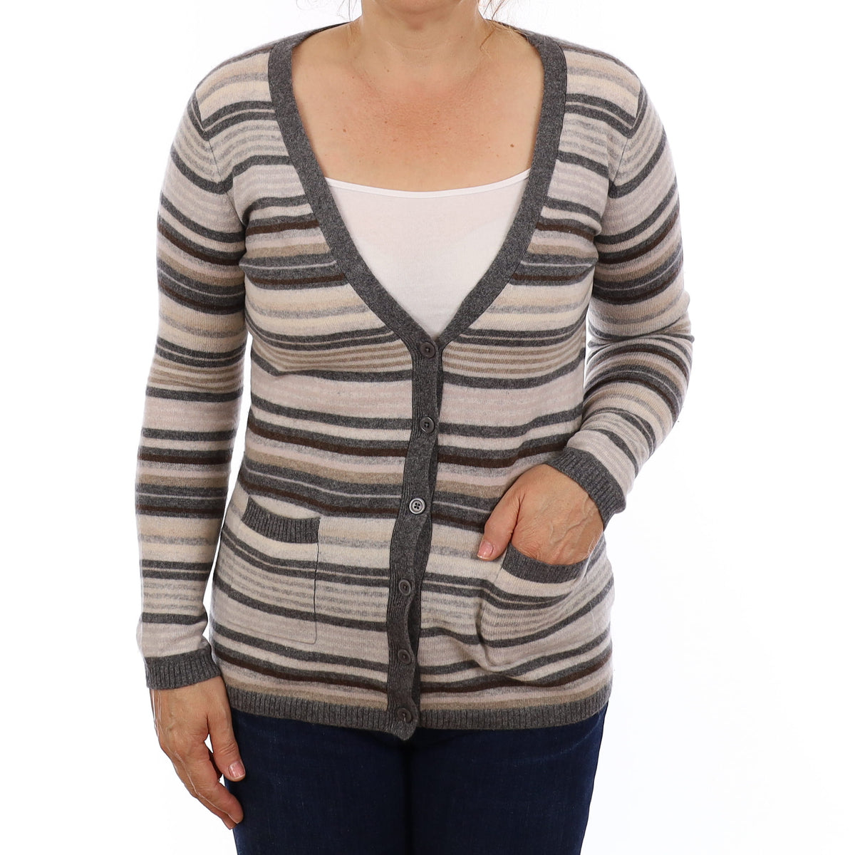 Grey Stripe Cashmere V Neck Cardigan with Pockets Medium
