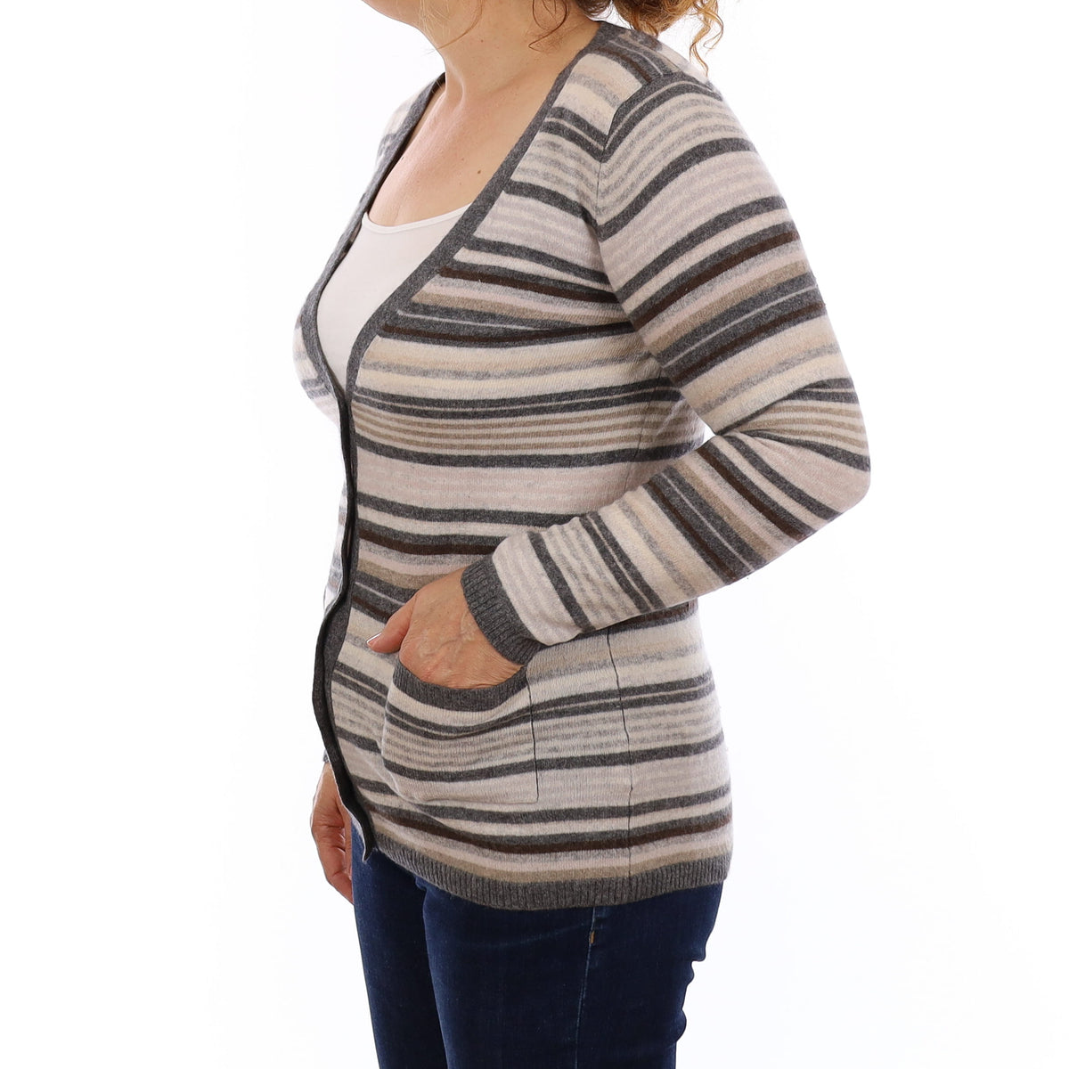 Grey Stripe Cashmere V Neck Cardigan with Pockets Medium