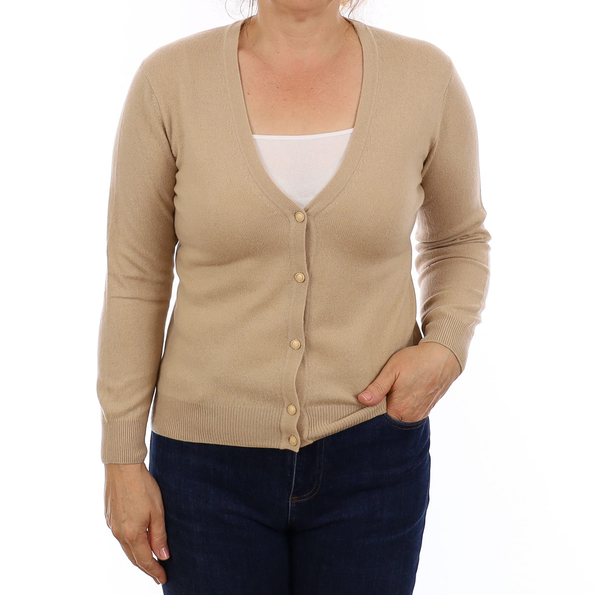 Beige Cashmere V Neck Cardigan Medium