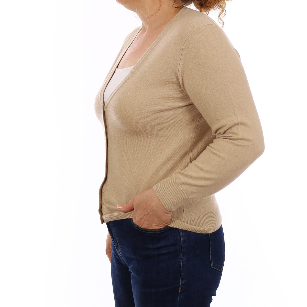Beige Cashmere V Neck Cardigan Medium