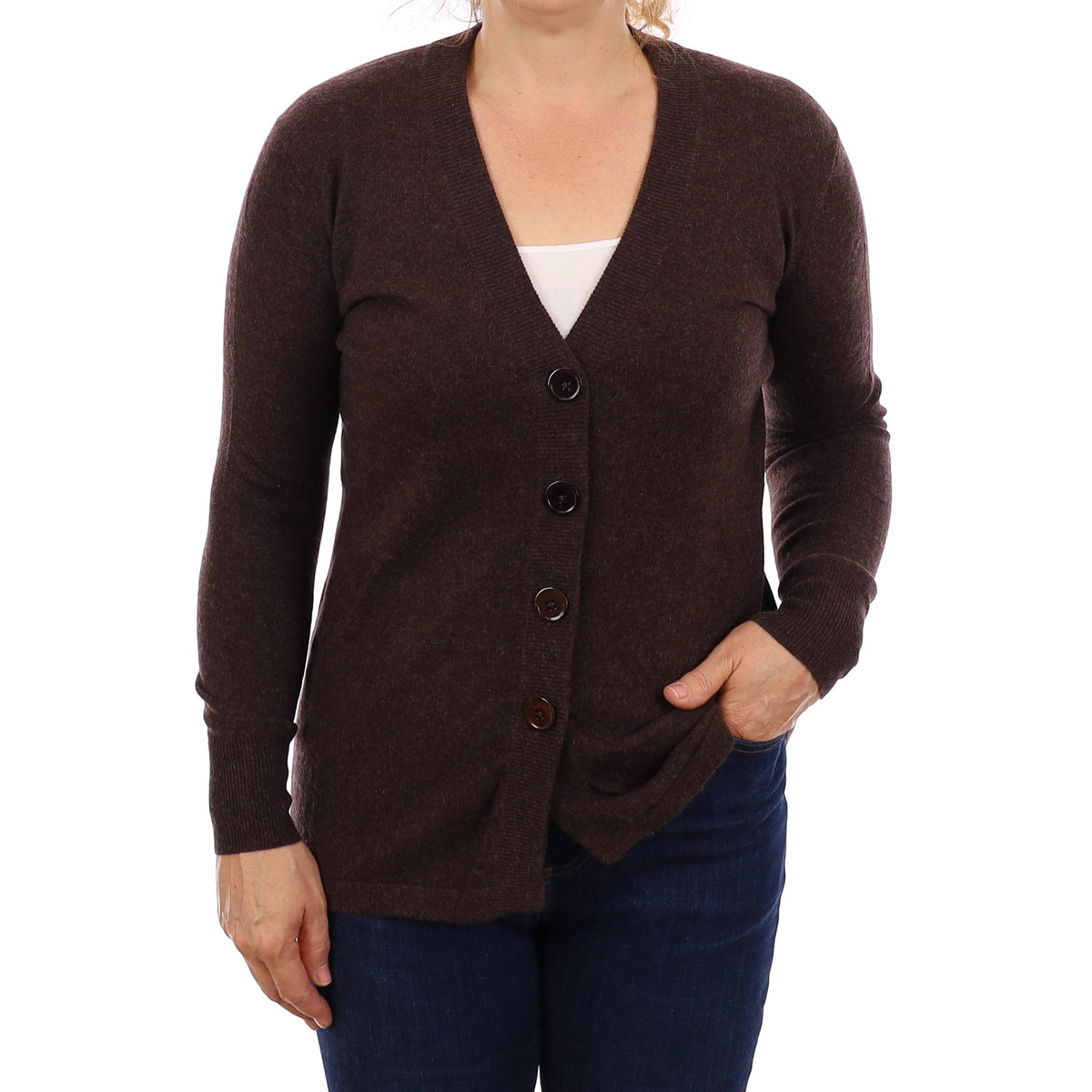 Peppercorn Brown Cashmere V Neck Cardigan Medium