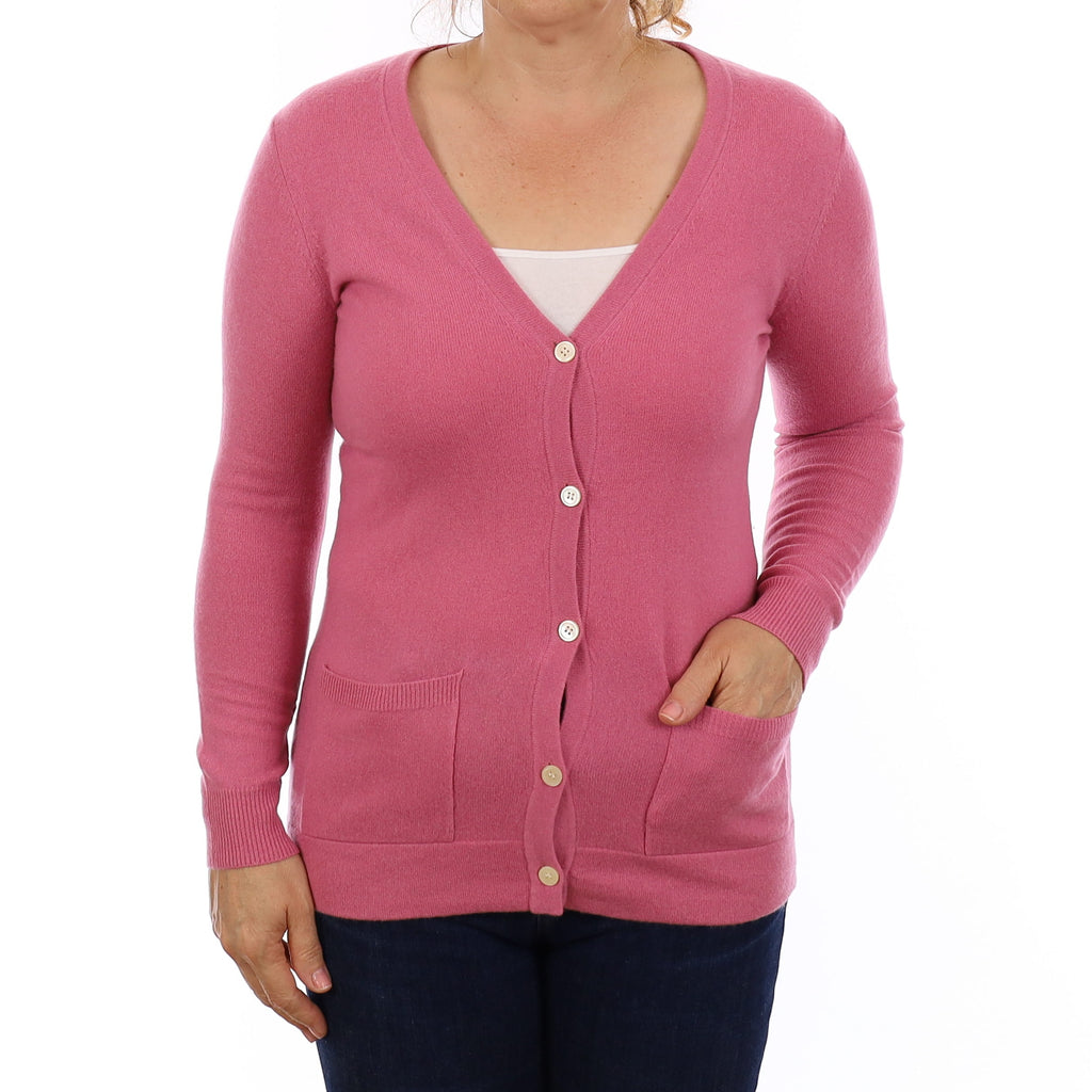 Rose Pink Cashmere V Neck Cardigan with Pockets Medium