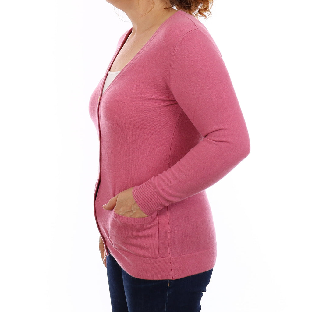 Rose Pink Cashmere V Neck Cardigan with Pockets Medium