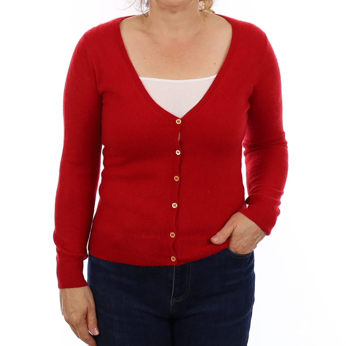 Postbox Red Cashmere V Neck Cardigan Medium
