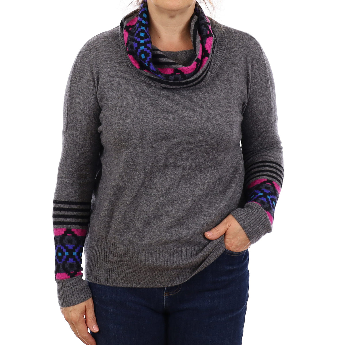 Slate Grey Aztec Pattern Cashmere Cowl Neck Jumper Medium