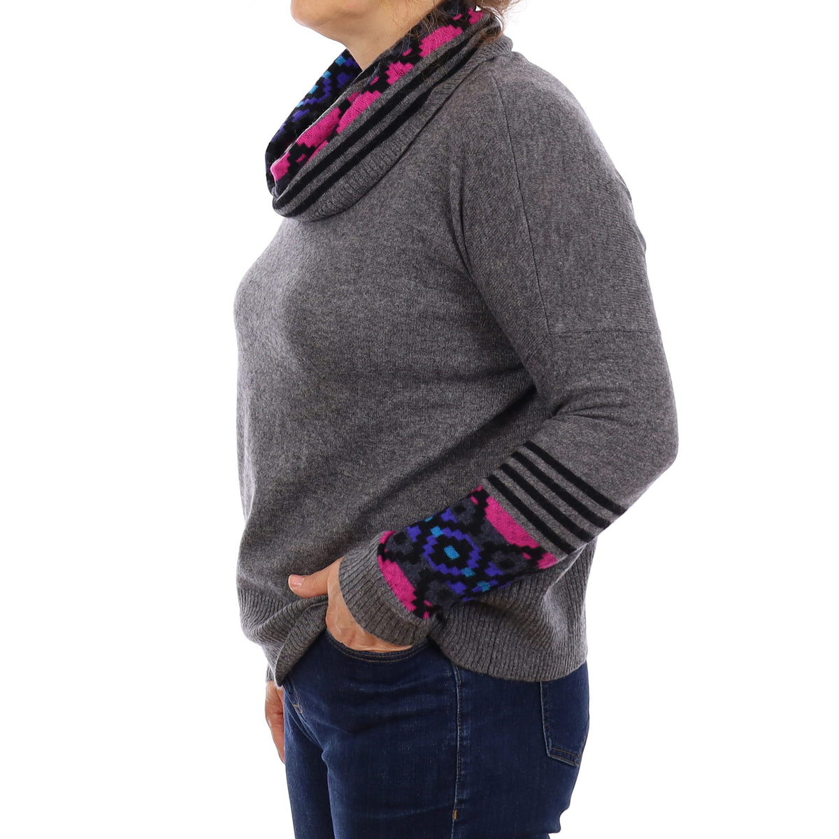 Slate Grey Aztec Pattern Cashmere Cowl Neck Jumper Medium