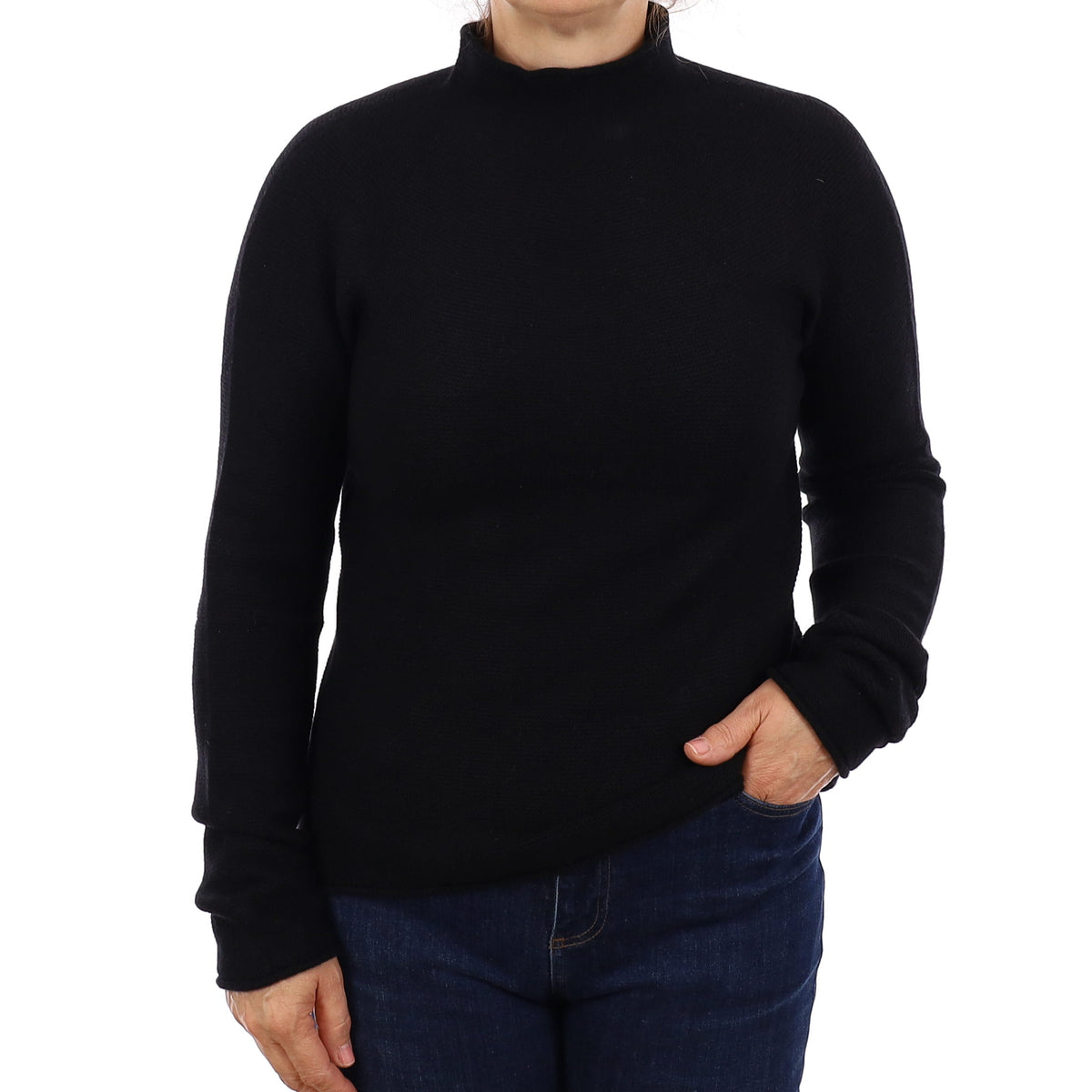 Black Textured Knit Cashmere Funnel Neck Jumper Medium
