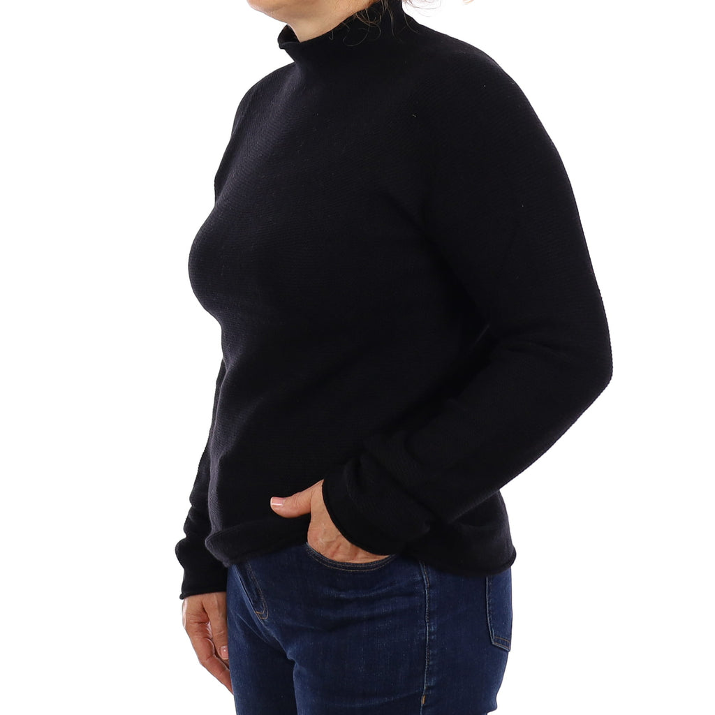 Black Textured Knit Cashmere Funnel Neck Jumper Medium
