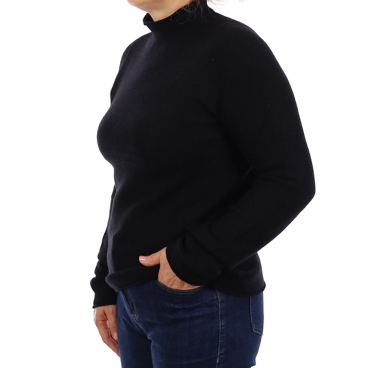 Black Textured Knit Cashmere Funnel Neck Jumper Medium
