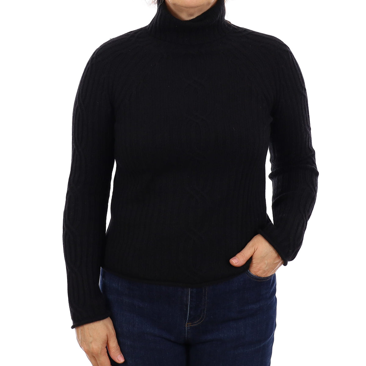 Black Chunky Knit Cashmere Polo Neck Jumper Medium