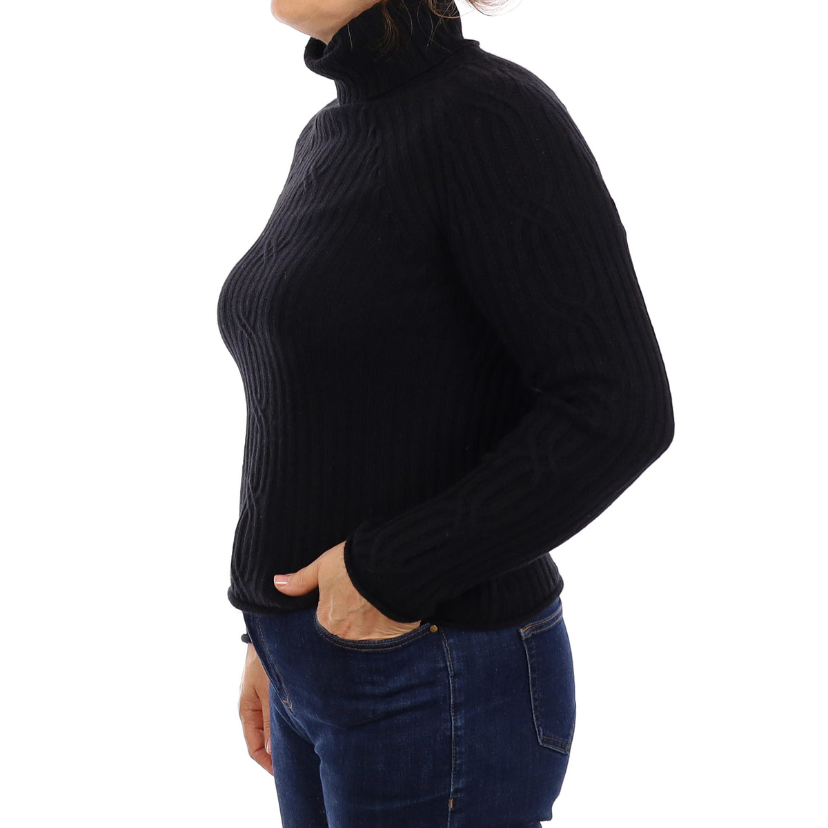 Black Chunky Knit Cashmere Polo Neck Jumper Medium