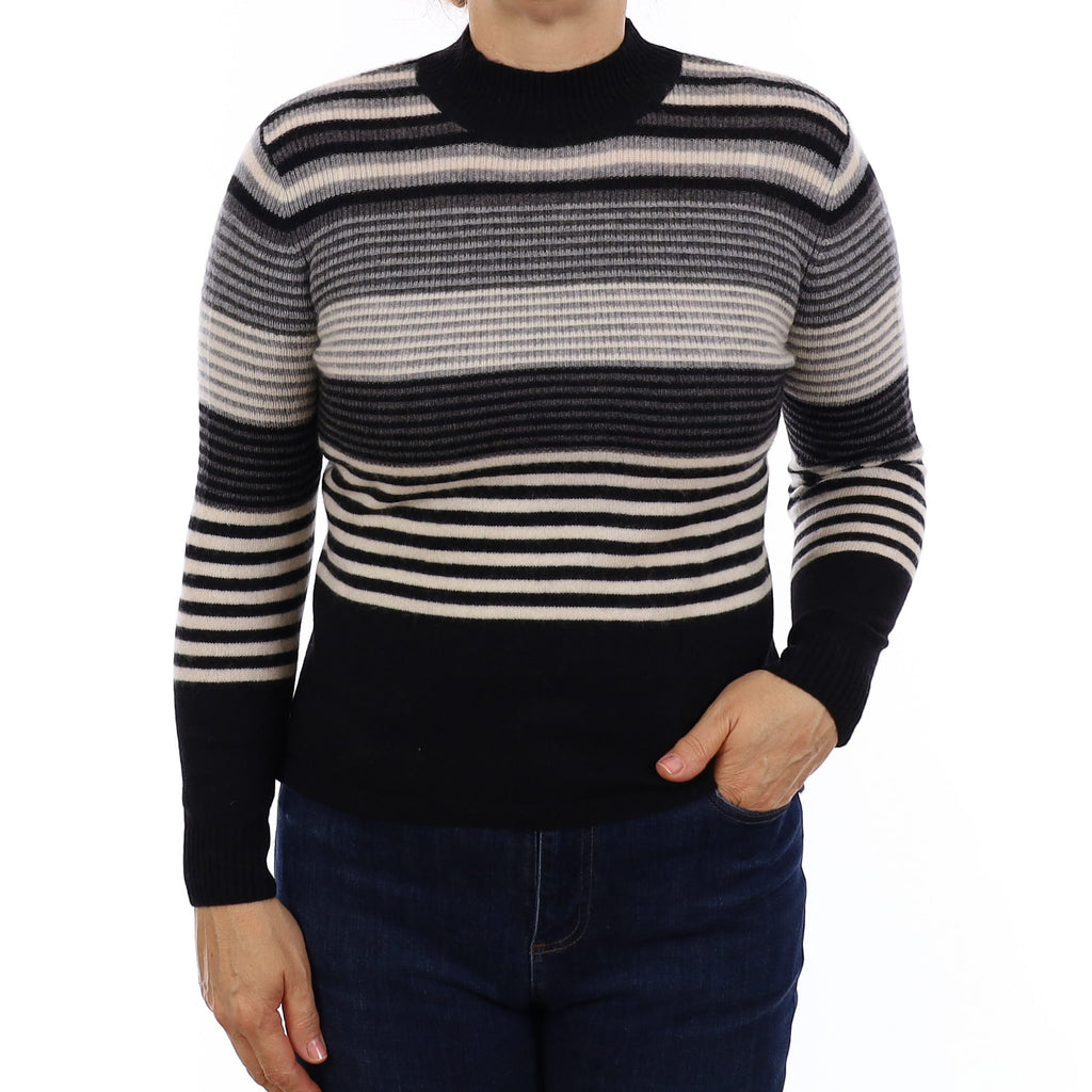 Black & Grey Stripe Cashmere Turtleneck Jumper Medium