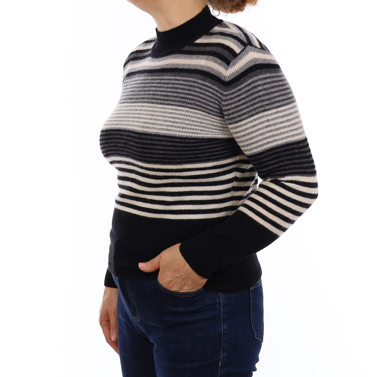 Black & Grey Stripe Cashmere Turtleneck Jumper Medium