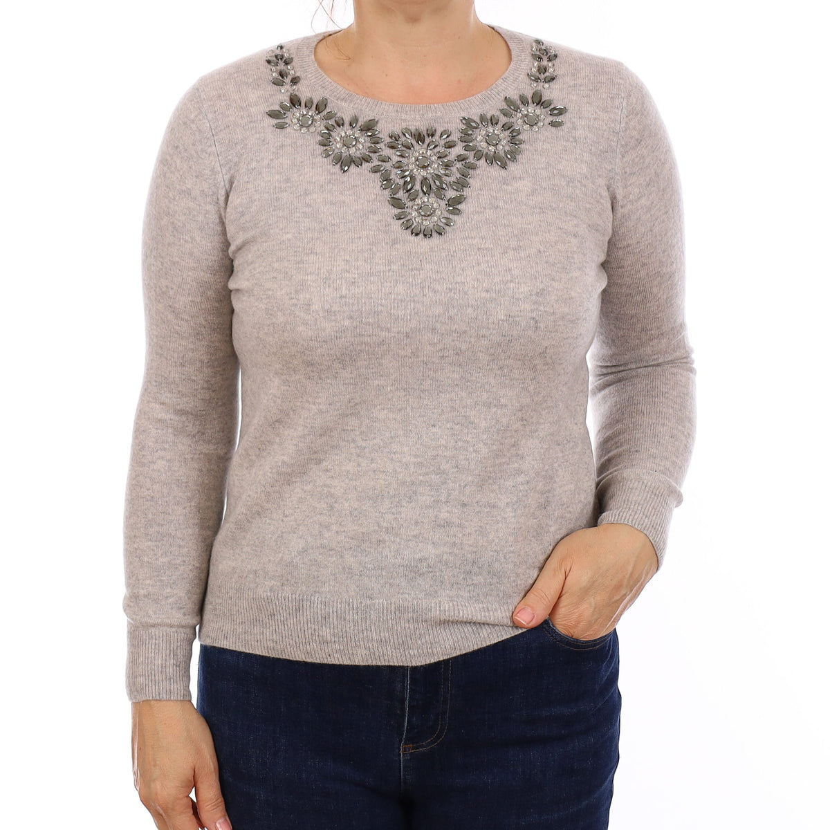 Smoke Grey Jewelled Cashmere Crew Neck Jumper Medium