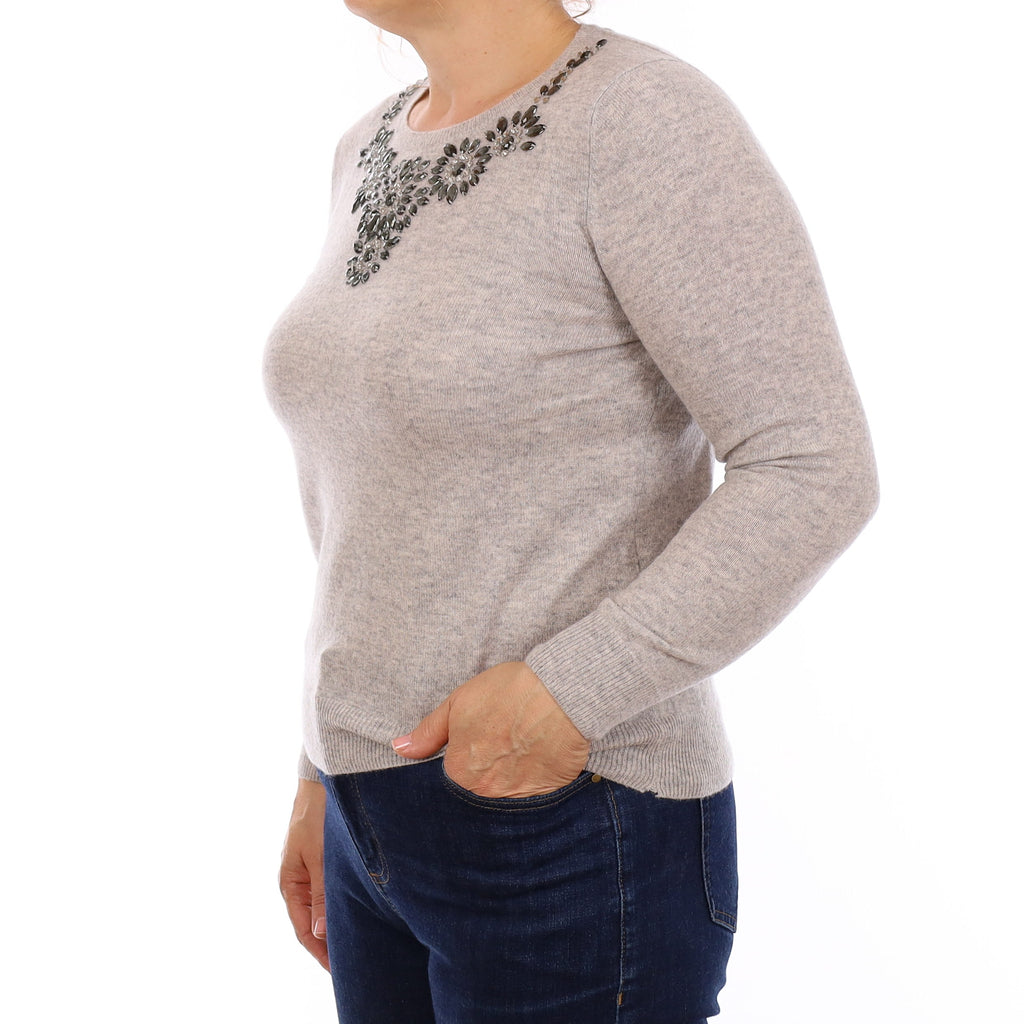Smoke Grey Jewelled Cashmere Crew Neck Jumper Medium
