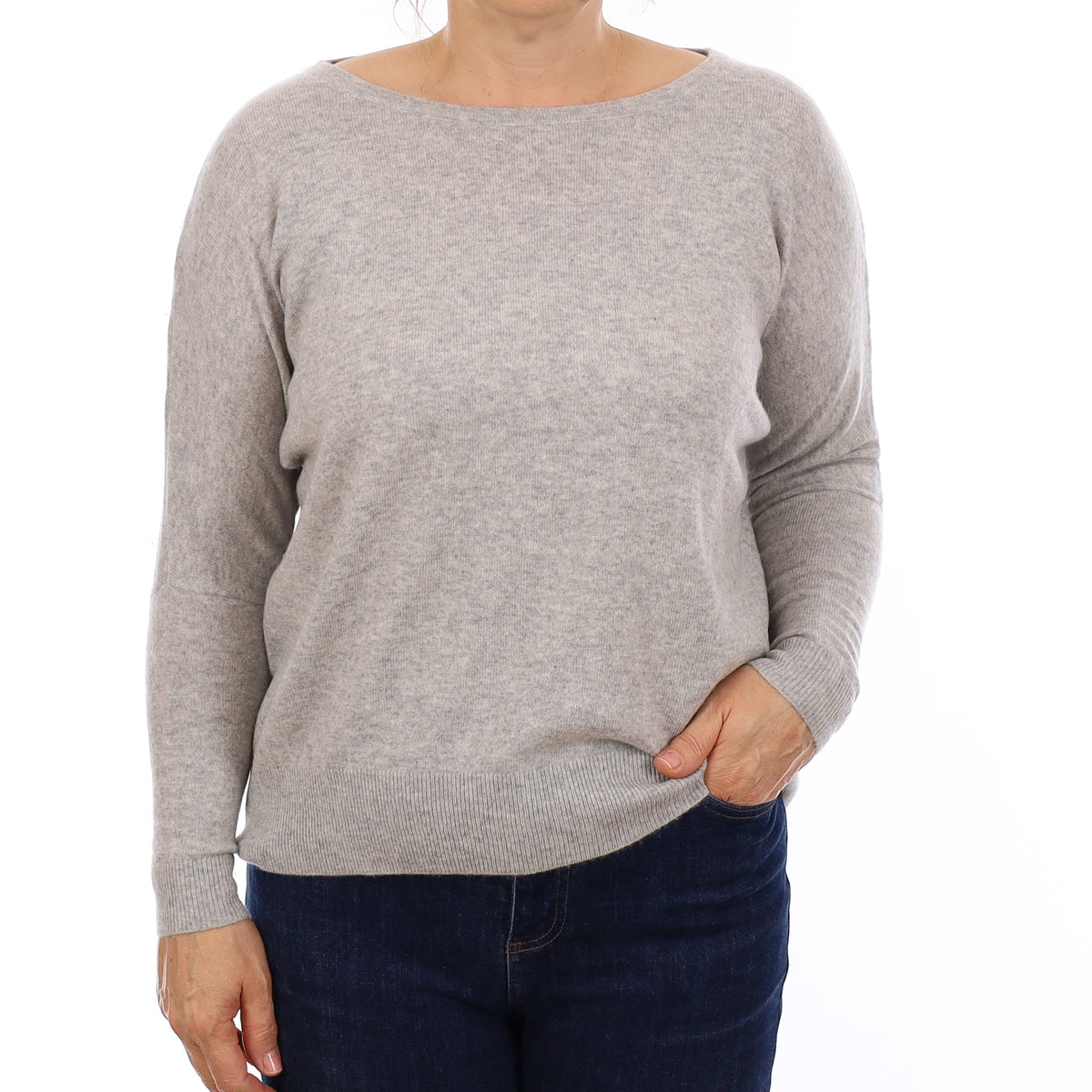 Smoke Grey Cashmere Batwing Boat Neck Jumper Medium