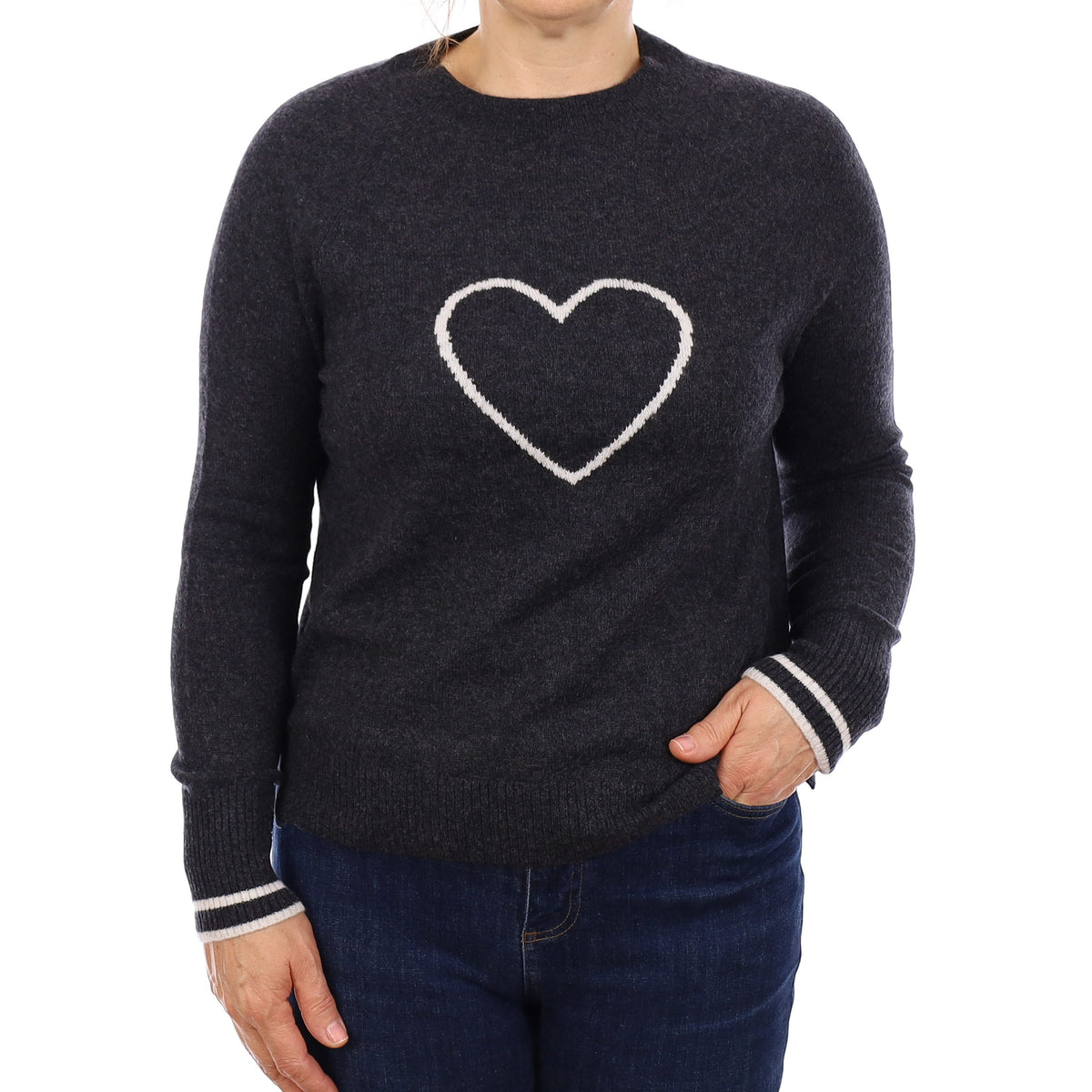 The White Company Graphite Grey Heart Motif Cashmere Crew Neck Jumper Medium