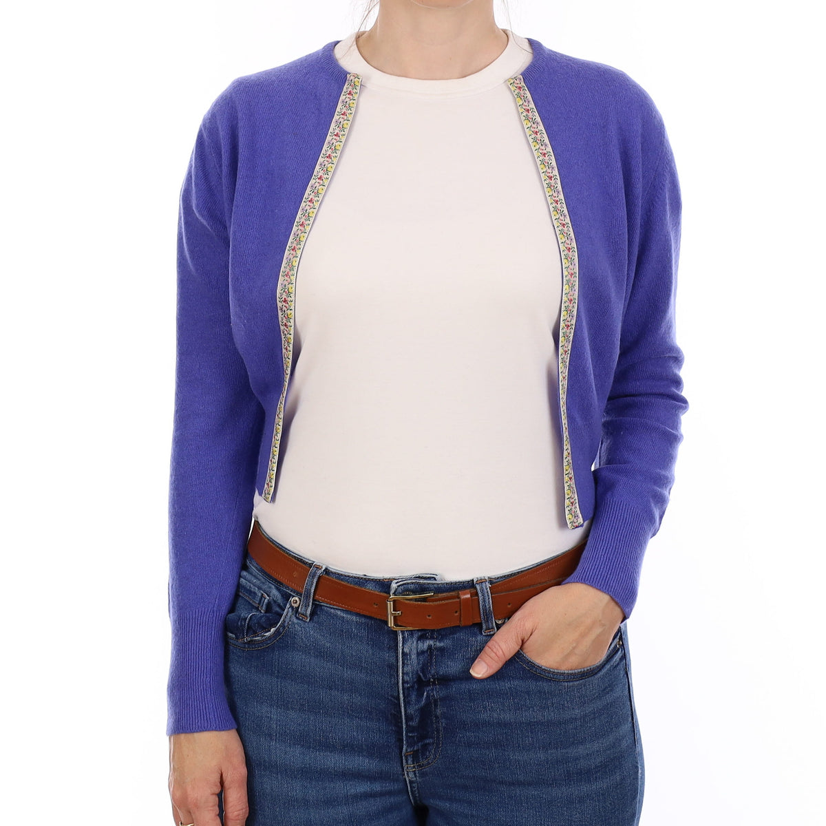 Vintage Bluebell with Floral Trim Cashmere Edge to Edge Cardigan Small