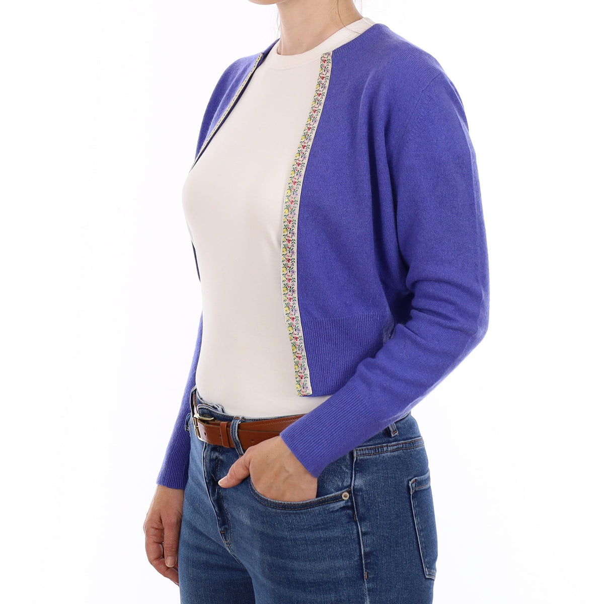 Vintage Bluebell with Floral Trim Cashmere Edge to Edge Cardigan Small
